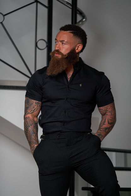 Elevate Your Style with Father Sons Slim Fit Black Stretch Trousers Featuring Luxurious Gold Waist Adjusters - FST018 (Available for Pre-Order Starting September 19th)