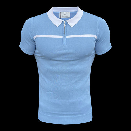 Elevate Your Style with the Father Sons Sky Blue & White Striped Zipped Polo – Short Sleeve Essentials - FSN058