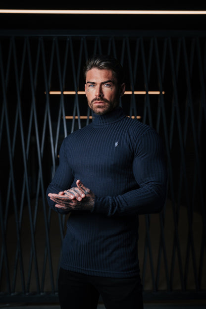 Timeless Navy & Silver Ribbed Knit Roll-Neck Jumper for Men - Father Sons FSH958