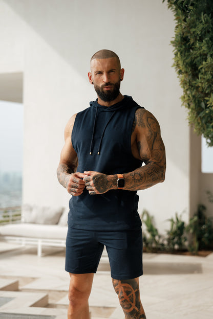 Elevate Your Workout with the Father Sons Navy Sleeveless Gym Hoodie - FSH895