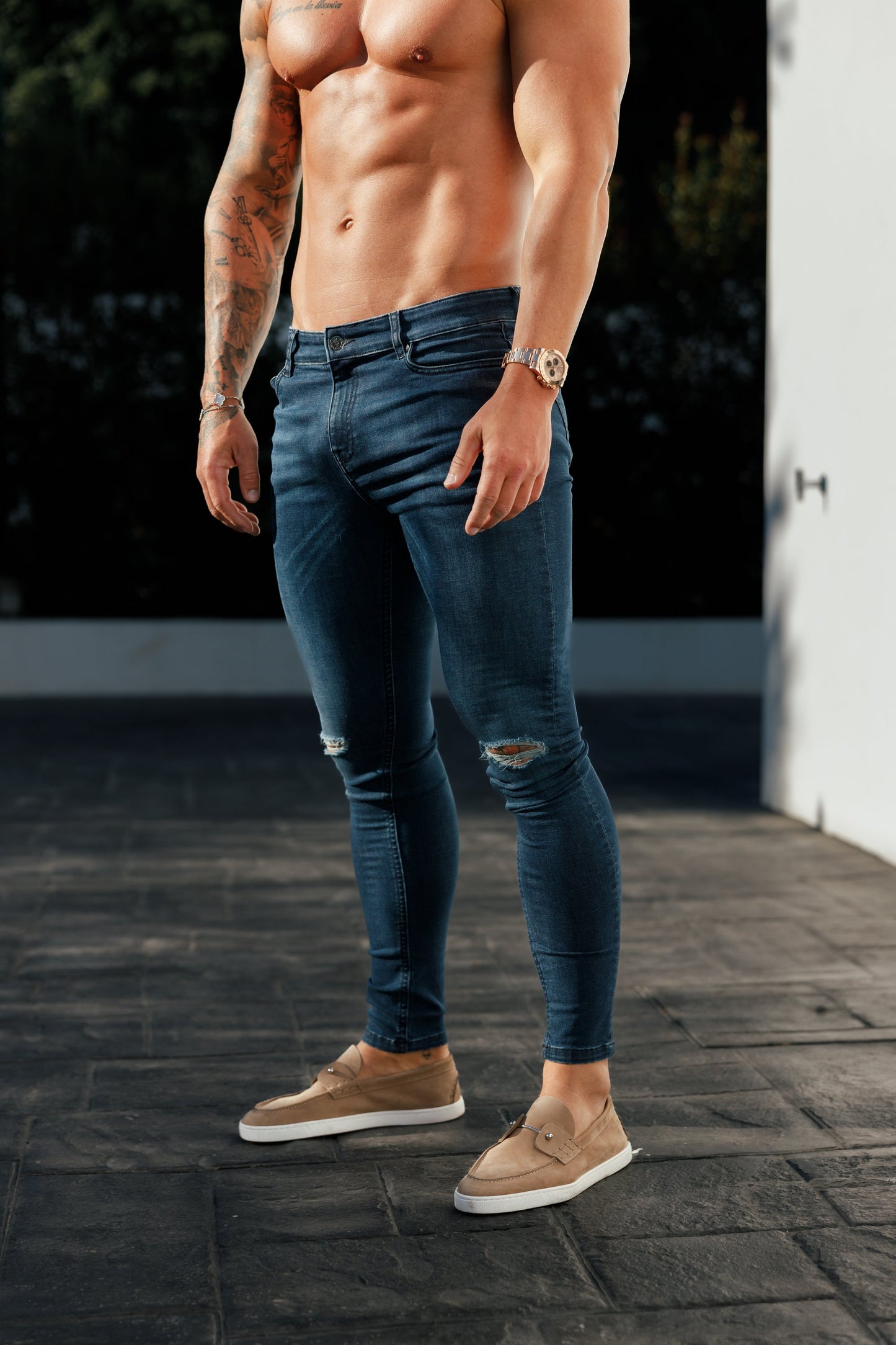 Father Sons Slim Fit Mid Blue Ultra Stretch Jeans with Trendy Knee Rips - FSJEAN011