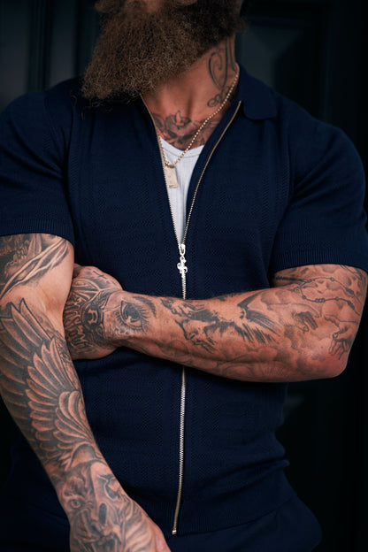 Father Sons Navy Short Sleeve Classic Knitted Geo Zip-Up - Stylish & Versatile FSN149