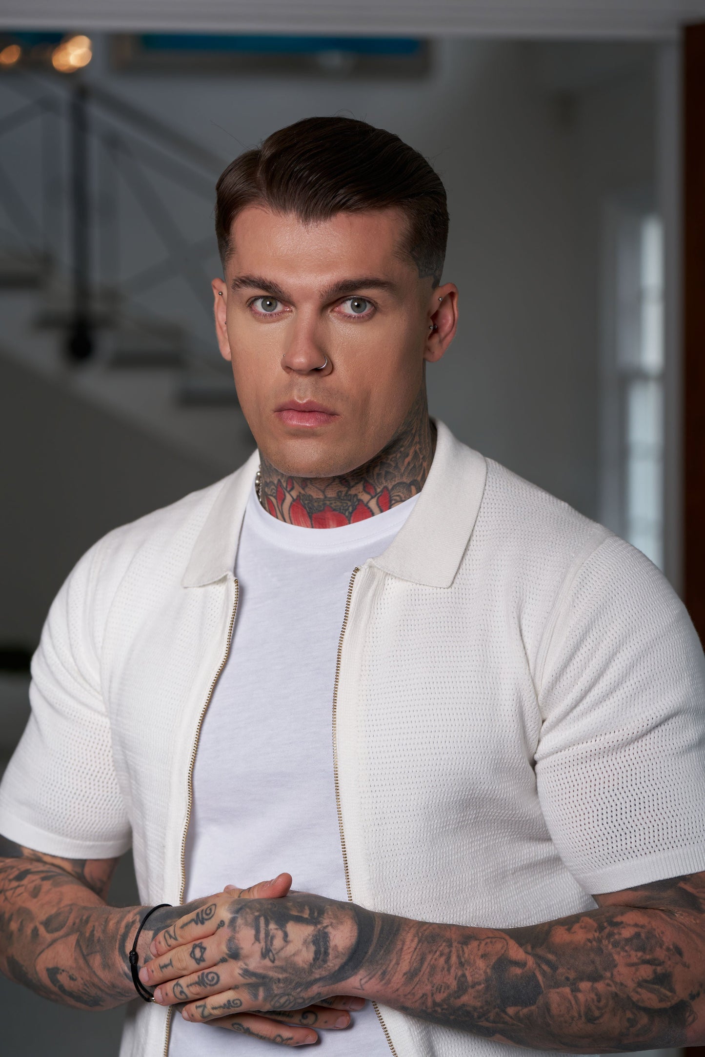 Elevate Your Style with the Father Sons Classic Knitted Textured Zip Sweater in Off White - Short Sleeve FSN152
