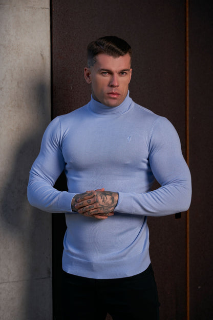 Elevate Your Wardrobe with the Father Sons Pale Blue Roll Neck Knitted Jumper Featuring a Stylish Tonal Emblem - FSN138