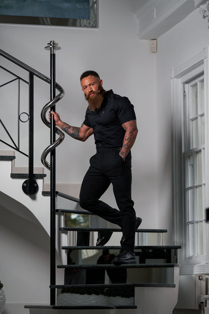 Elevate Your Style with Father Sons Slim Fit Black Stretch Trousers Featuring Luxurious Gold Waist Adjusters - FST018 (Available for Pre-Order Starting September 19th)