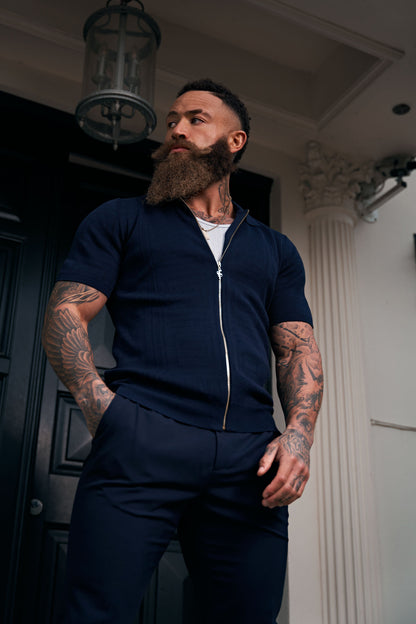 Father Sons Navy Short Sleeve Classic Knitted Geo Zip-Up - Stylish & Versatile FSN149