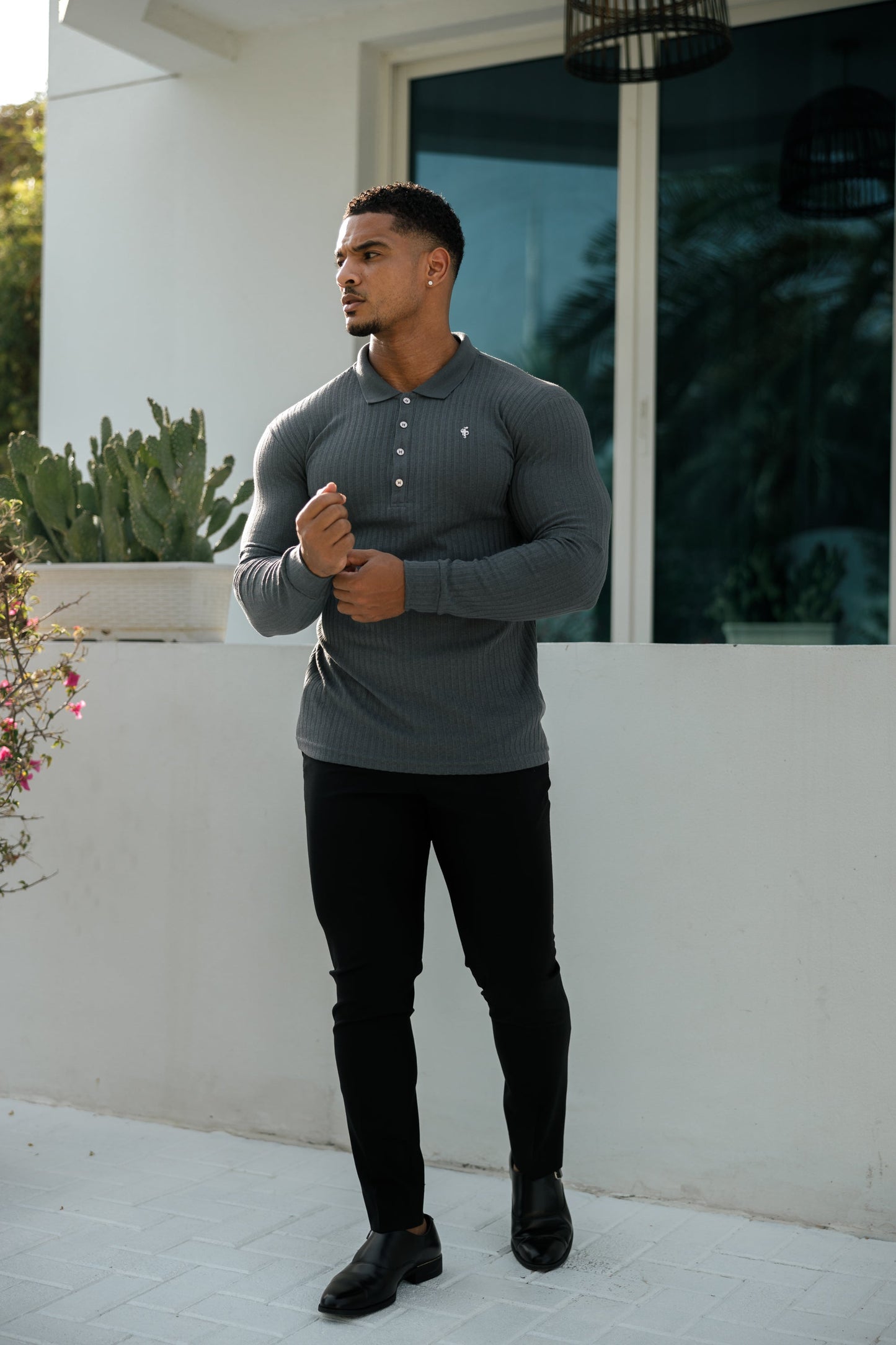 Elevate Your Style: Classic Charcoal Long Sleeve Ribbed Polo Shirt with Silver Accents by Father Sons - FSH971