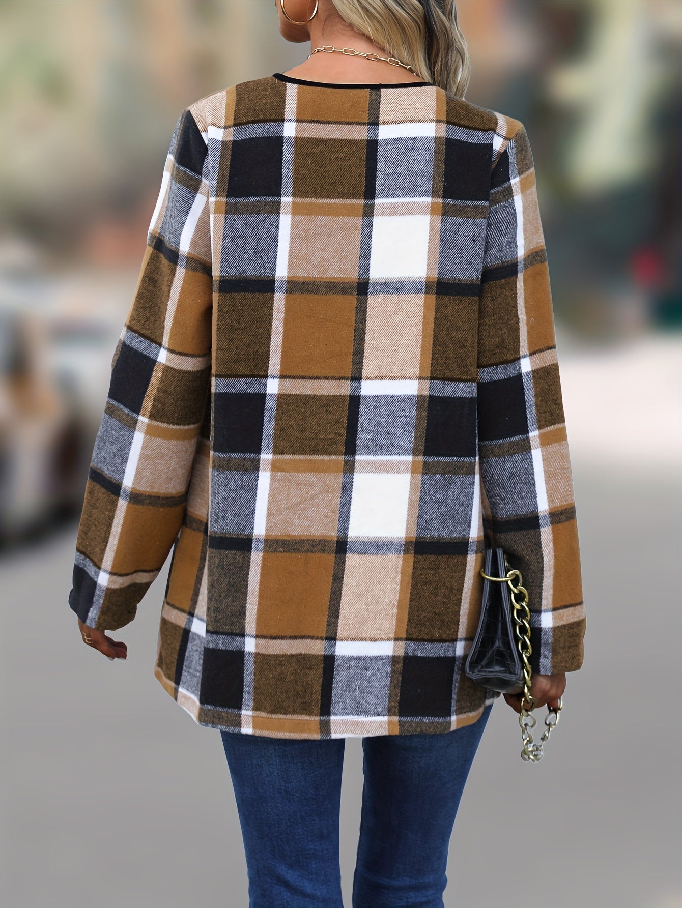 Plaid Print Open Front Coat