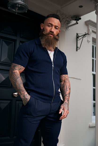 Father Sons Navy Short Sleeve Classic Knitted Geo Zip-Up - Stylish & Versatile FSN149