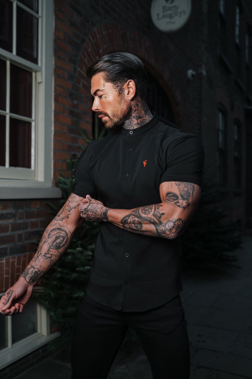 Elevate Your Style with Father Sons Super Slim Fit Black Scuba Short Sleeve Stretch Shirt Featuring a Trendy Grandad Collar - FS930