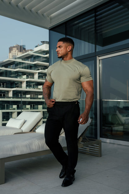 Stylish Olive Ribbed High Neck Crew Short Sleeve Top for Father Sons - FSH1010