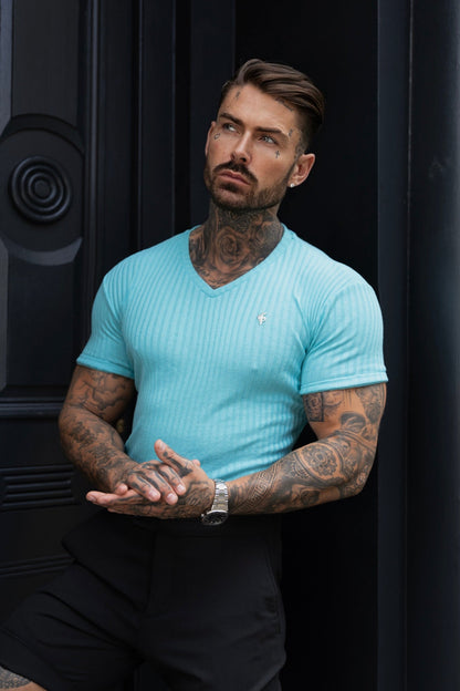 Timeless Turquoise & Silver V-Neck Ribbed Tee by Father Sons - FSH1128