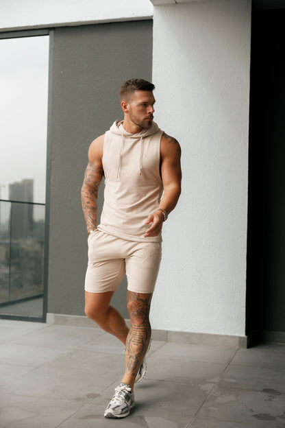 Elevate Your Workout: Father Sons Stylish Sleeveless Beige Gym Hoodie - FSH896