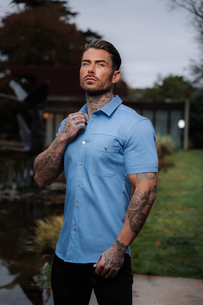 Elevate Your Style with Father Sons Super Slim Stretch Light Blue Denim Short Sleeve Shirt Featuring Horizontal Seam and Pocket - FS957