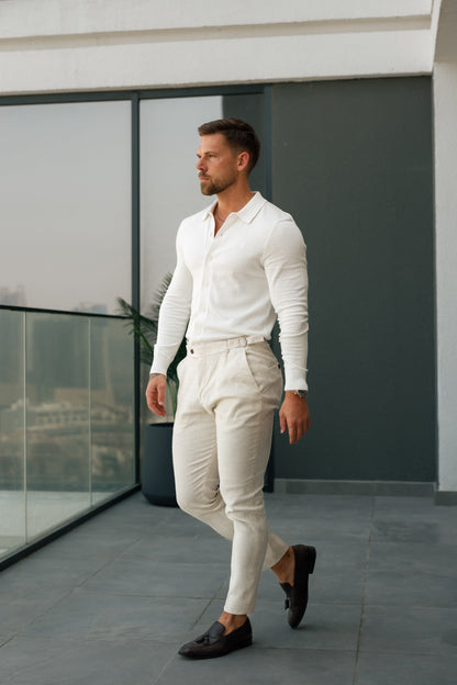 Timeless Elegance: Off White Knitted Long Sleeve Polo with Buttons by Father Sons - FSN172