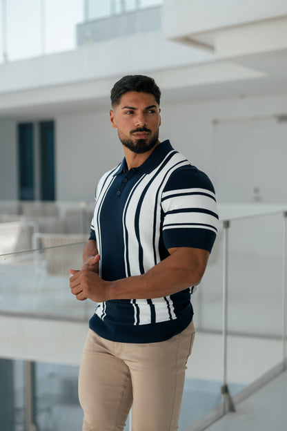 Elevate Your Style with Our Classic Navy & Off White Knitted Vertical Stripe Polo - Short Sleeve - FSN105