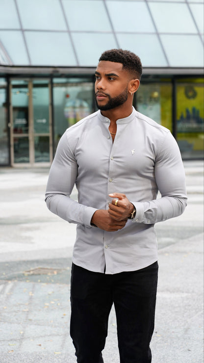 Elevate Your Style: Father Sons Super Slim Fit Stretch Grey Denim Long Sleeve Shirt with Trendy Grandad Collar and Sleek Silver Metal Buttons - FS962