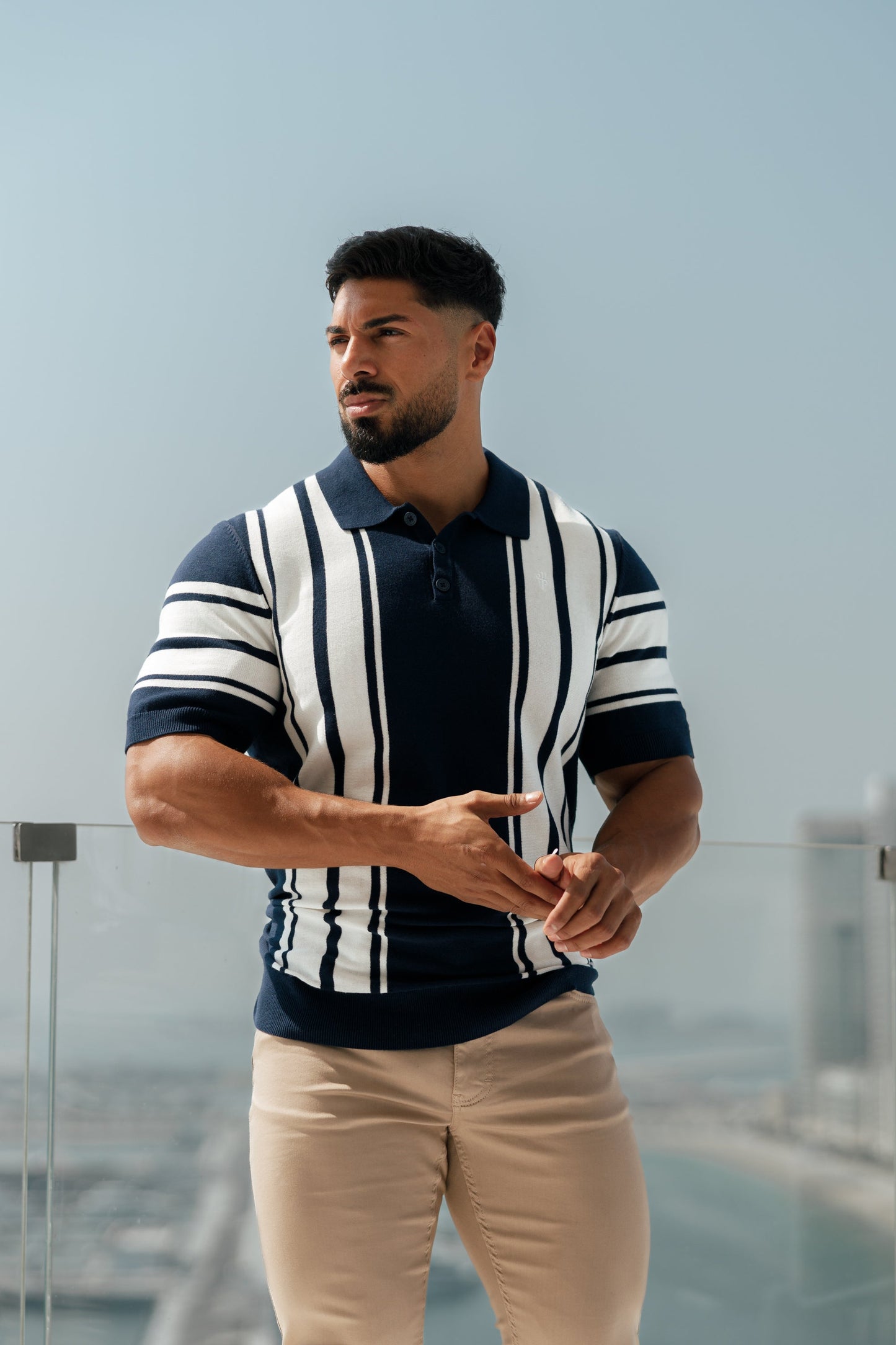 Elevate Your Style with Our Classic Navy & Off White Knitted Vertical Stripe Polo - Short Sleeve - FSN105