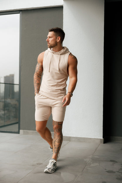Elevate Your Workout: Father Sons Stylish Sleeveless Beige Gym Hoodie - FSH896