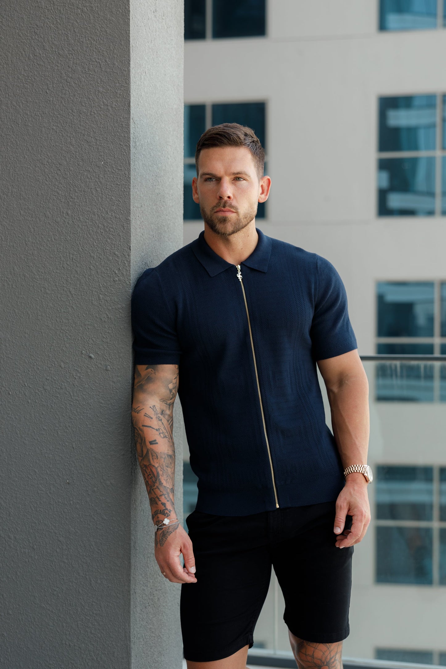 Father Sons Navy Short Sleeve Classic Knitted Geo Zip-Up - Stylish & Versatile FSN149