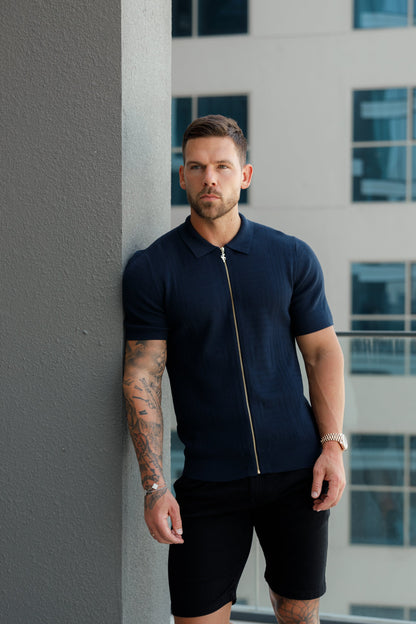 Father Sons Navy Short Sleeve Classic Knitted Geo Zip-Up - Stylish & Versatile FSN149