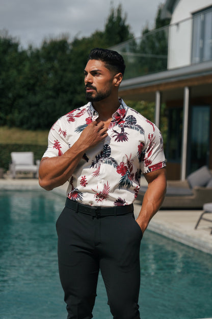 Chic Floral Print Button-Down Shirt in Classic Stretch - White/Rust - FS1106