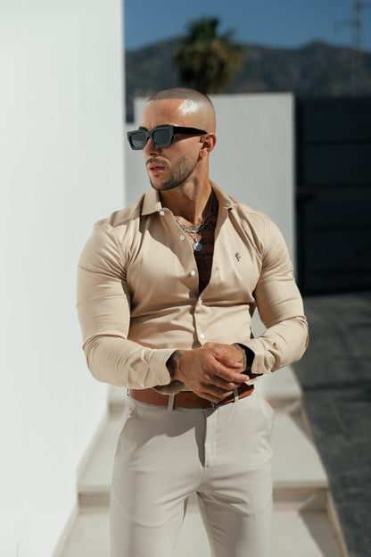 Elevate Your Wardrobe with the Father Sons Super Slim Stretch Vintage Beige Side Panel Long Sleeve Shirt - FS1089
