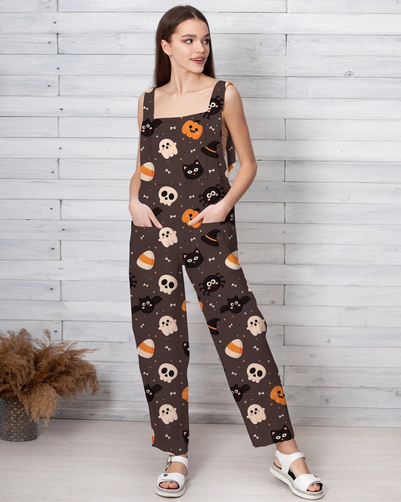 Women's Cute Spider Pumpkin Print Loose Cotton and Linen Jumpsuit
