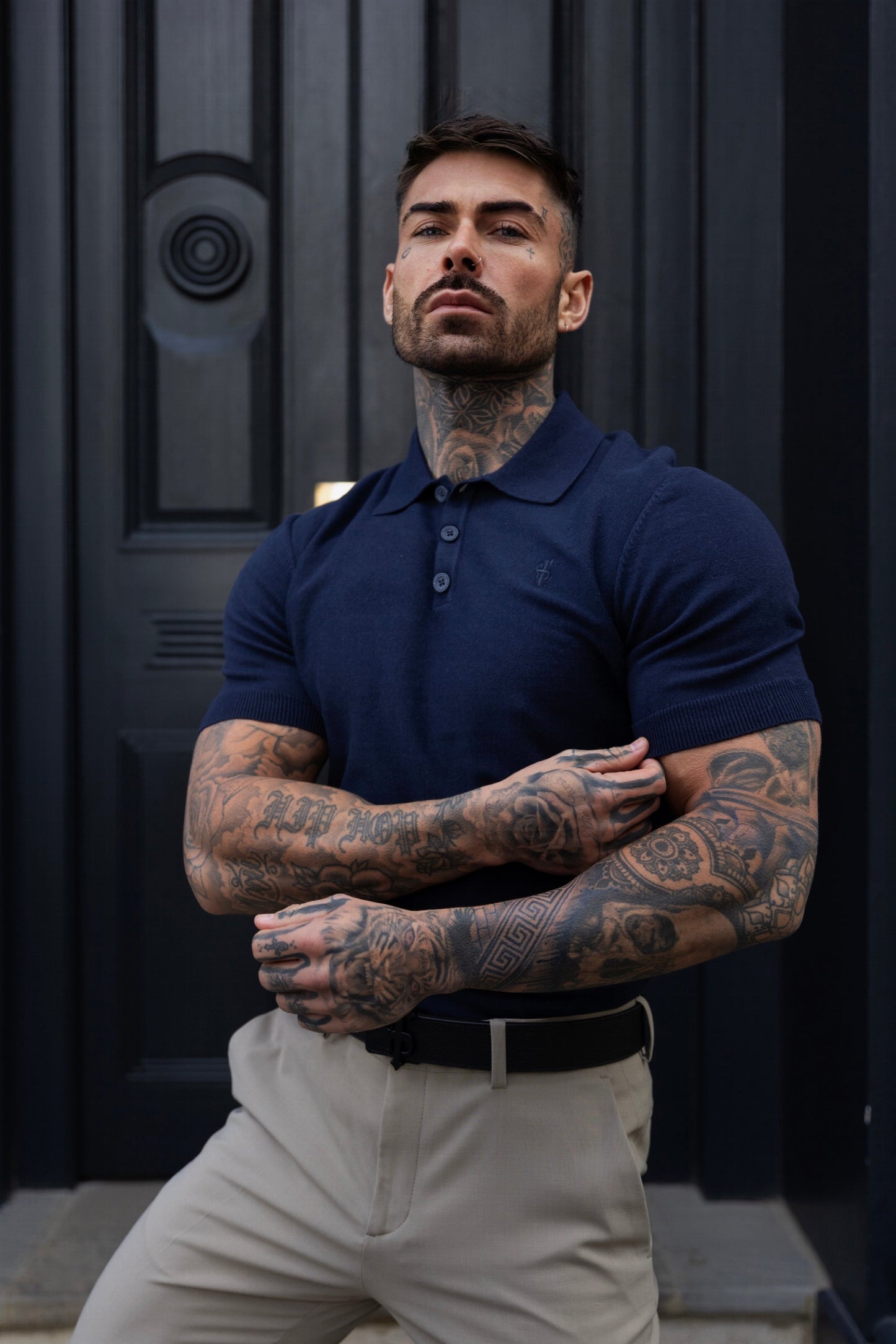 Elegant Navy Knitted Polo Shirt for Men - Short Sleeve Classic by Father Sons - FSN109