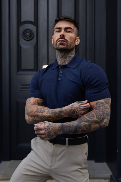 Elegant Navy Knitted Polo Shirt for Men - Short Sleeve Classic by Father Sons - FSN109