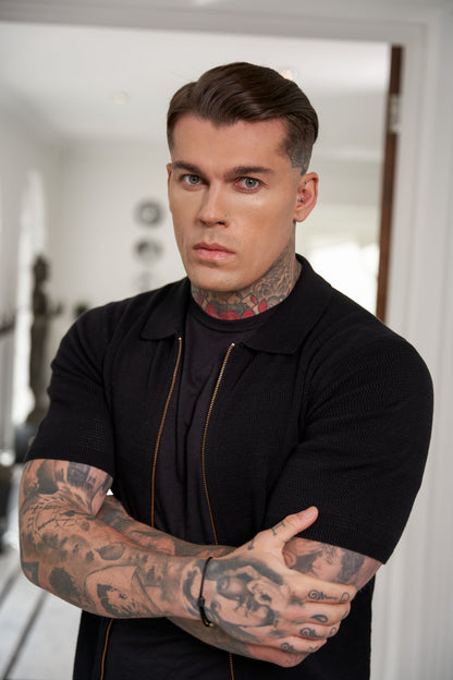 Stylish Black Short Sleeve Zip-Up Knit Sweater with Classic Textured Design - Father Sons Collection - FSN151