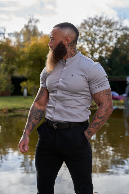 Elevate Your Wardrobe with Father Sons Super Slim Stretch Grey Denim Short Sleeve Shirt Featuring a Stylish Grandad Collar, Sleek Silver Metal Buttons, and Eye-Catching Decal - FS963
