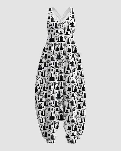 Women's Black & White Print Print Sleeveless Jumpsuit Harem Pants