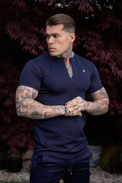 Elevate Your Style: Navy & Gold Short Sleeve Crew T-Shirt with Zip Detail by Father Sons - FSH1033
