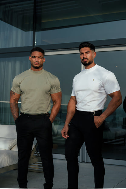 Stylish Olive Ribbed High Neck Crew Short Sleeve Top for Father Sons - FSH1010