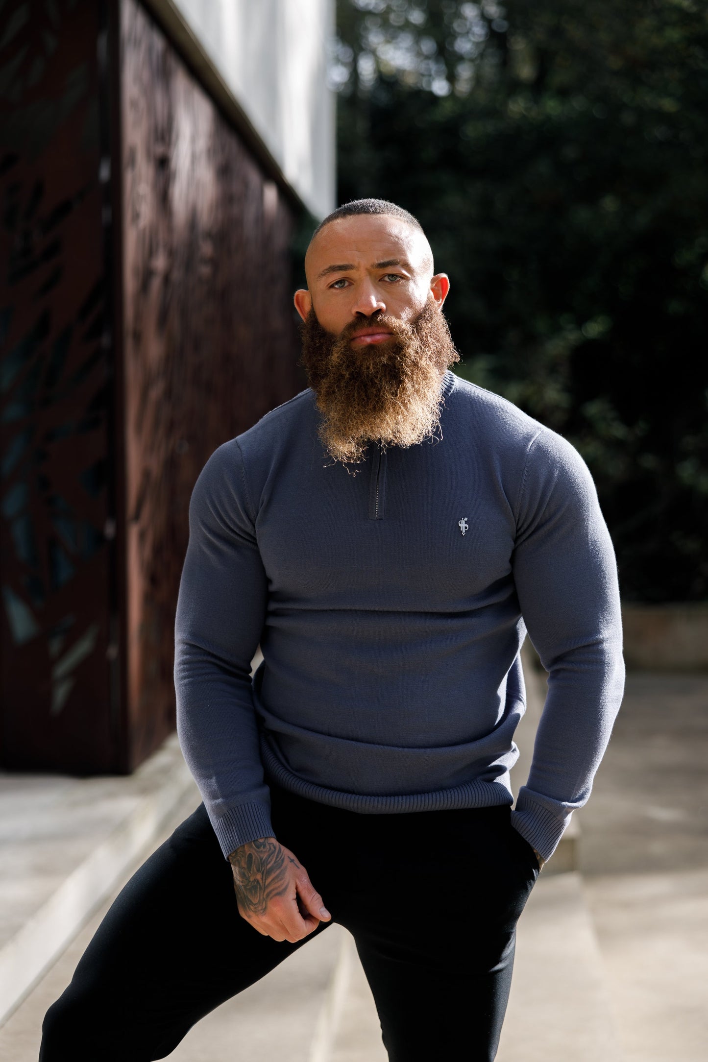 Stylish Gunmetal Grey Funnel Neck Half-Zip Knitted Sweater by Father Sons - FSN120
