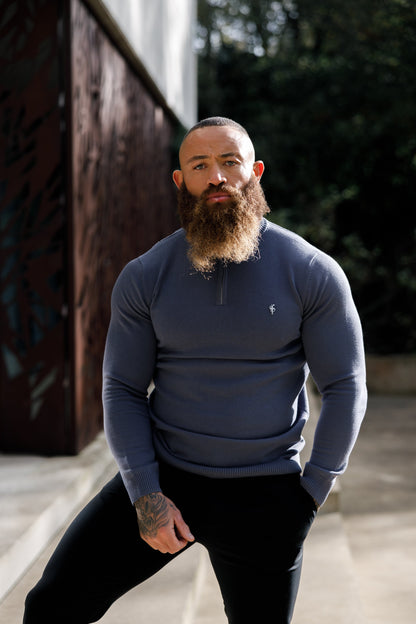 Stylish Gunmetal Grey Funnel Neck Half-Zip Knitted Sweater by Father Sons - FSN120