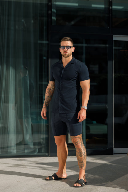Elevate Your Style with the Father Sons Short Sleeve Navy Stretch Pique Revere Shirt - FSH1069