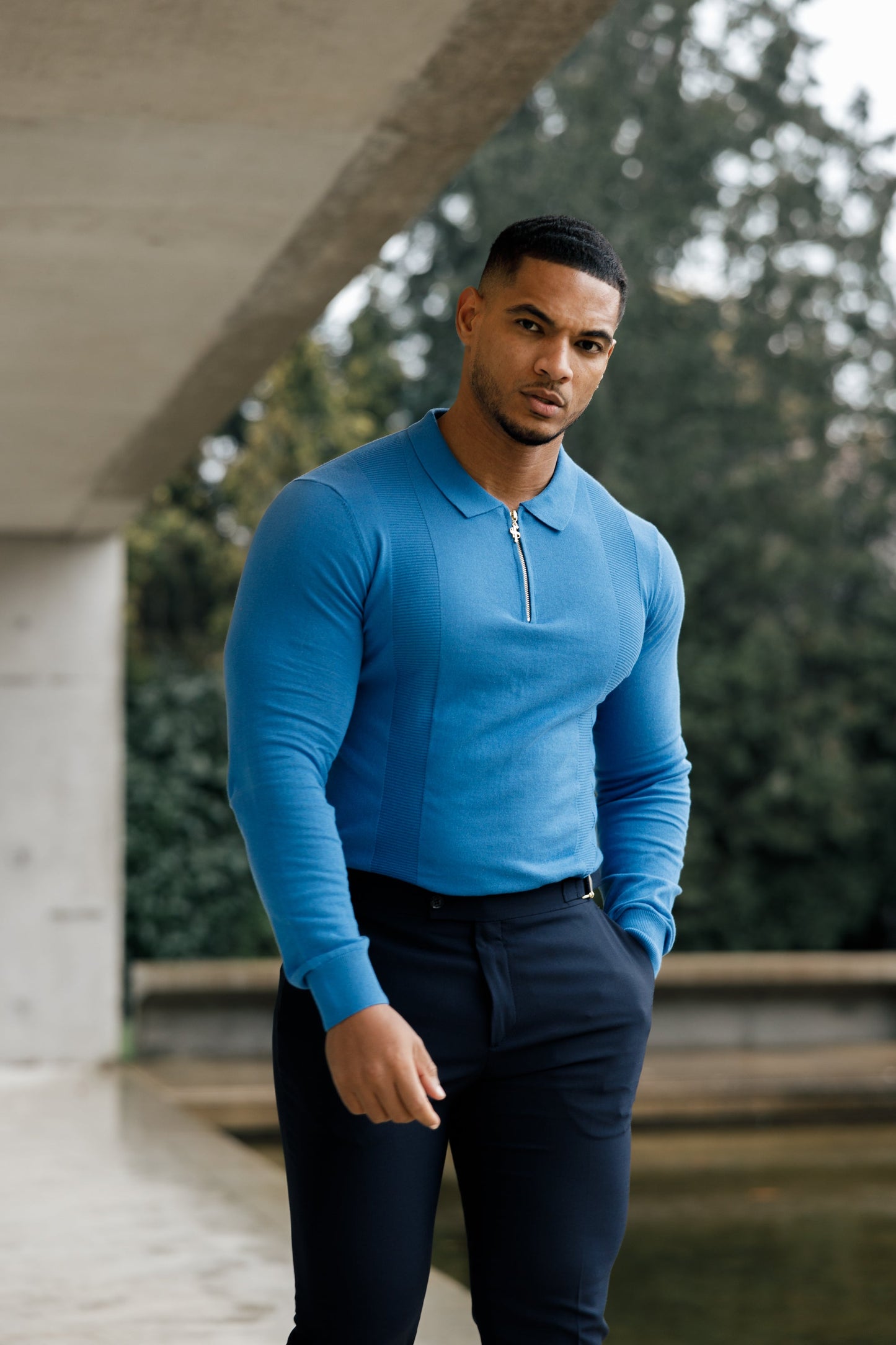 Elegant Mid Blue & Gold Long Sleeve Zip Knit Polo Shirt for Men - FSN129 by Father Sons