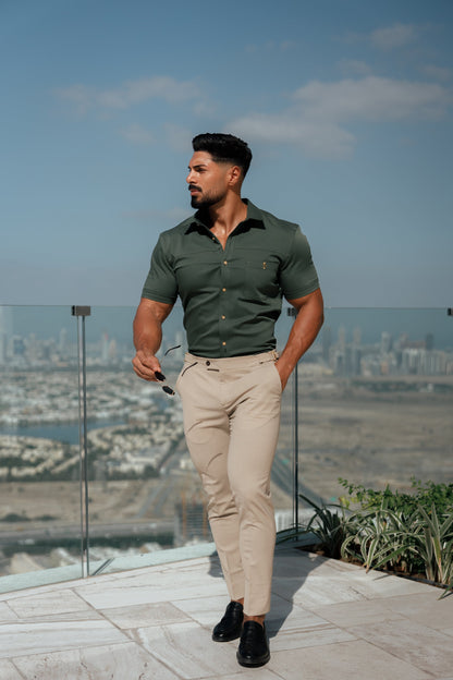 Elevate Your Style: Father Sons Super Slim Stretch Khaki Denim Short Sleeve Shirt with Trendy Horizontal Seam and Pocket - FS958