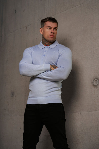 Timeless Pale Blue Knitted Polo Jumper for Men - Long Sleeve with Subtle Tonal FS Embroidery - Model FSN142