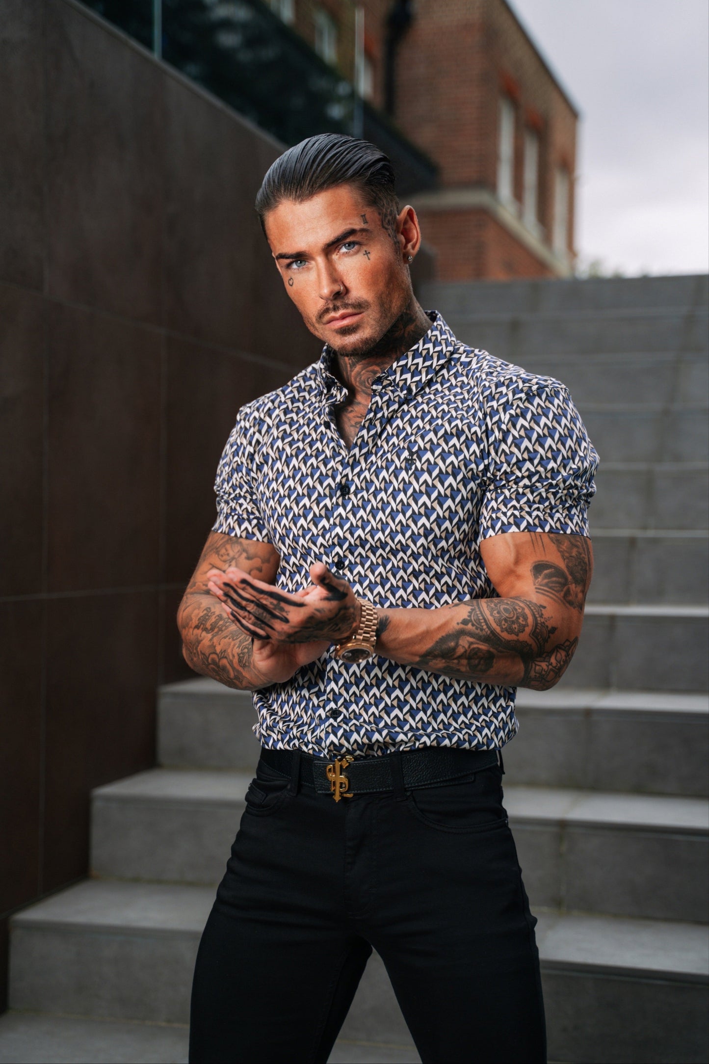 Elevate Your Style with Father Sons Super Slim Fit Blue & Beige Chevron Print Short Sleeve Shirt Featuring a Chic Button-Down Collar - FS903