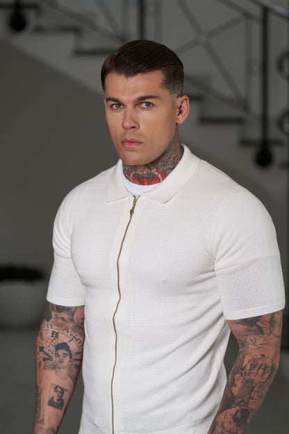 Elevate Your Style with the Father Sons Classic Knitted Textured Zip Sweater in Off White - Short Sleeve FSN152