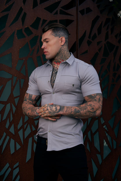Elevate Your Style with Father Sons Super Slim Stretch Grey Denim Short Sleeve Shirt Featuring Horizontal Seam and Pocket - FS960