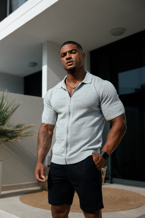Elevate Your Wardrobe: Father Sons Light Grey Short Sleeve Knit Zip-Up with Chic Textured Design - FSN154