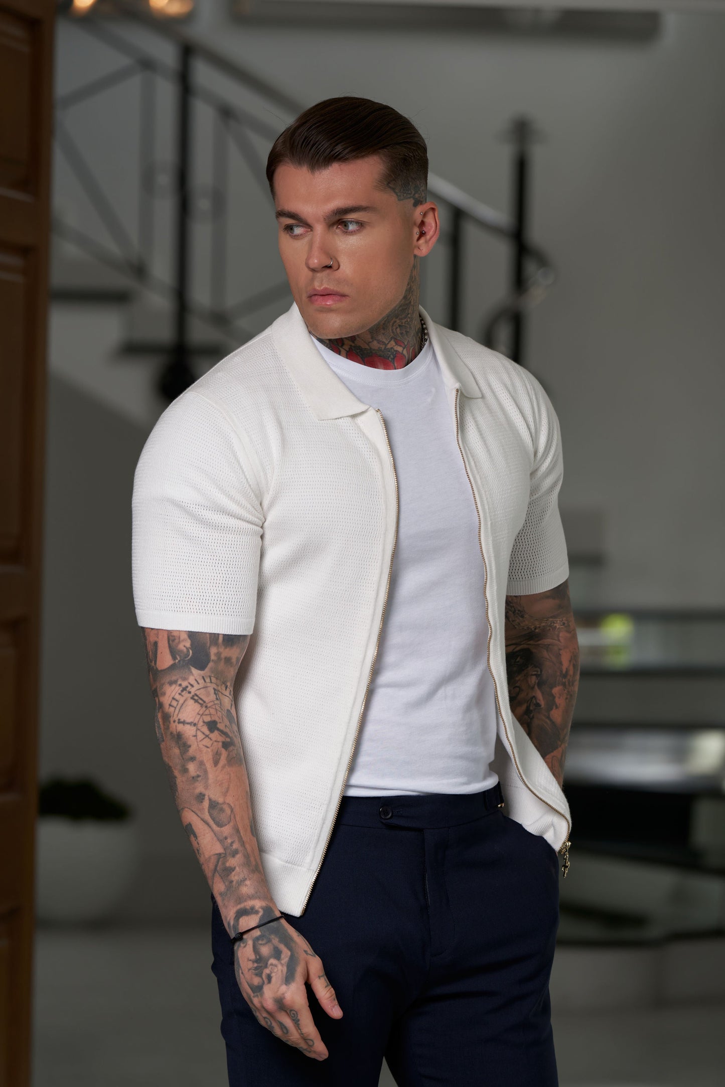 Elevate Your Style with the Father Sons Classic Knitted Textured Zip Sweater in Off White - Short Sleeve FSN152