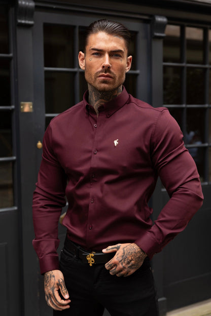 Father Sons Burgundy Super Slim Stretch Denim Shirt with Gold Accents and Button-down Collar - FS1046