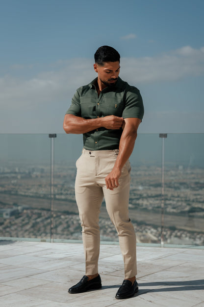 Elevate Your Style: Father Sons Super Slim Stretch Khaki Denim Short Sleeve Shirt with Trendy Horizontal Seam and Pocket - FS958
