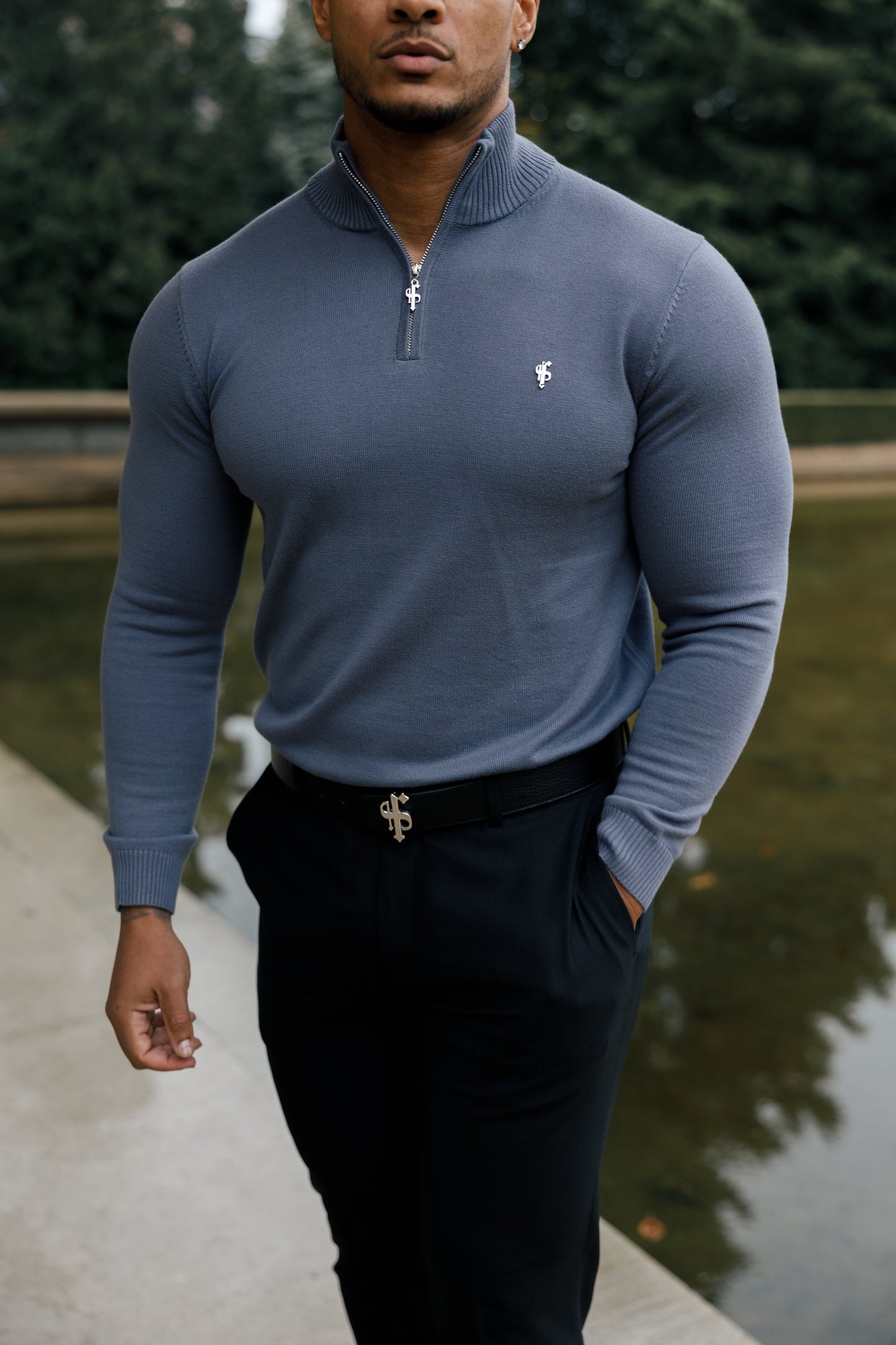 Stylish Gunmetal Grey Funnel Neck Half-Zip Knitted Sweater by Father Sons - FSN120
