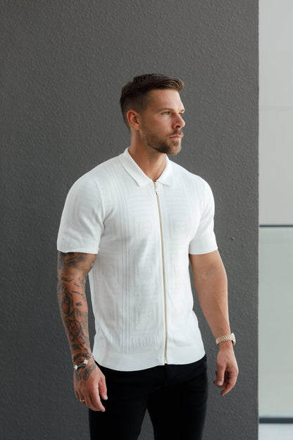 Elevate Your Style: Father Sons Classic Geo Knit Short Sleeve Zip-Up in Off White - FSN148